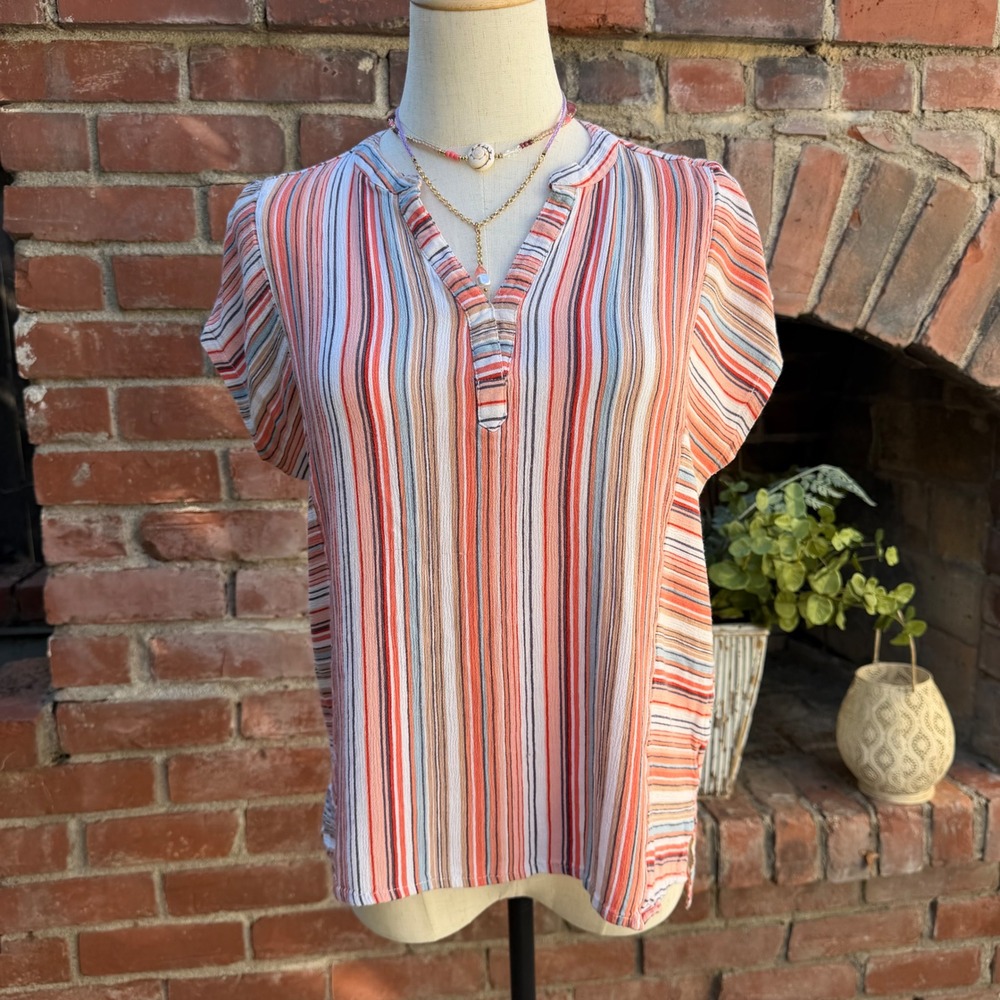 Ninety Clothing Co Striped V-Neck‎ Blouse Orange Blue White Cap Sleeve Small